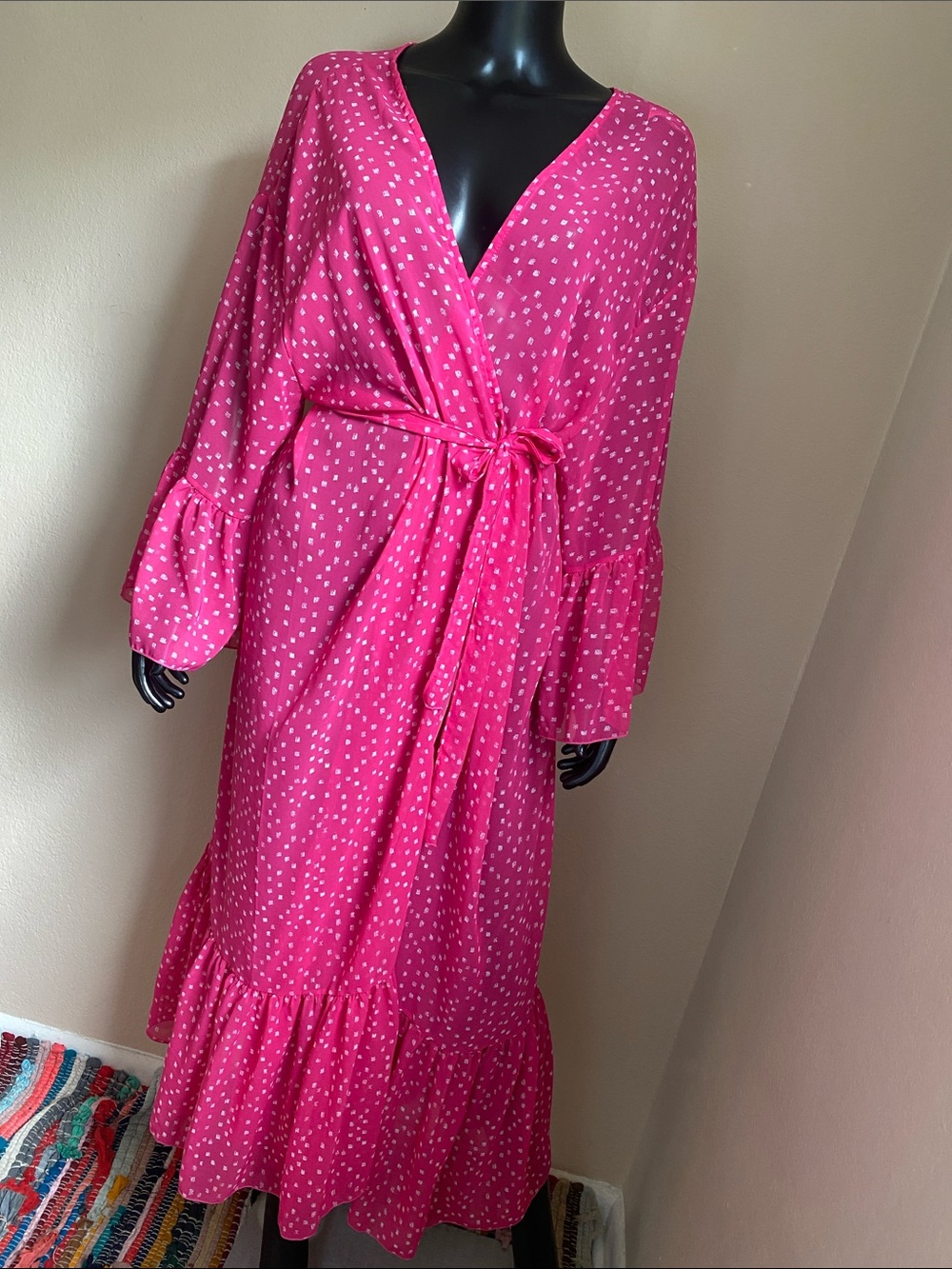 Hot Pink Sheer Polka Dot Wrap Maxi Dress One Size Cover Up Cardigan Ruffle Hem